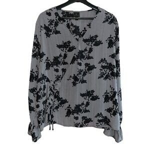 Worthington Floral Blouse Womens XXL Black White Striped Lace Up Long Sleeve Top